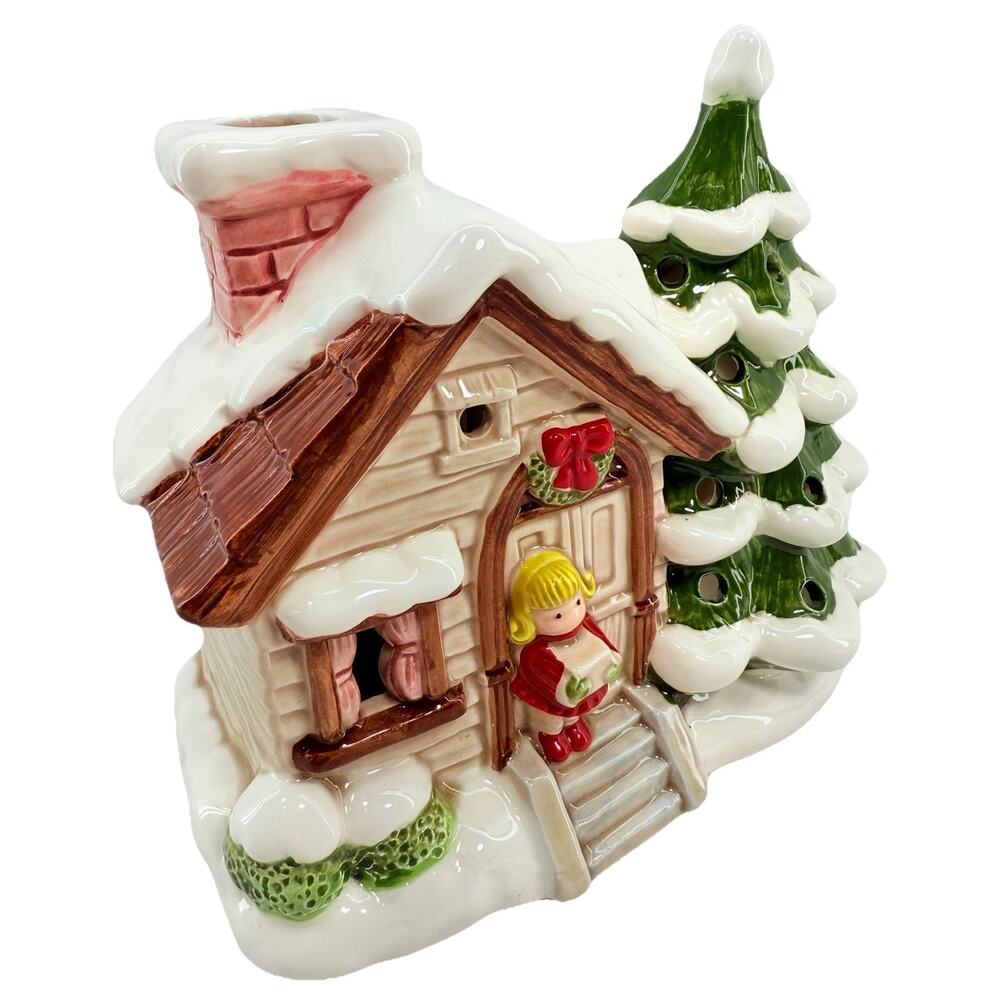 Christmas Cottage Lund's Lites Music Box Lighted Tree Girl Figurine Ceramic‎ EUC